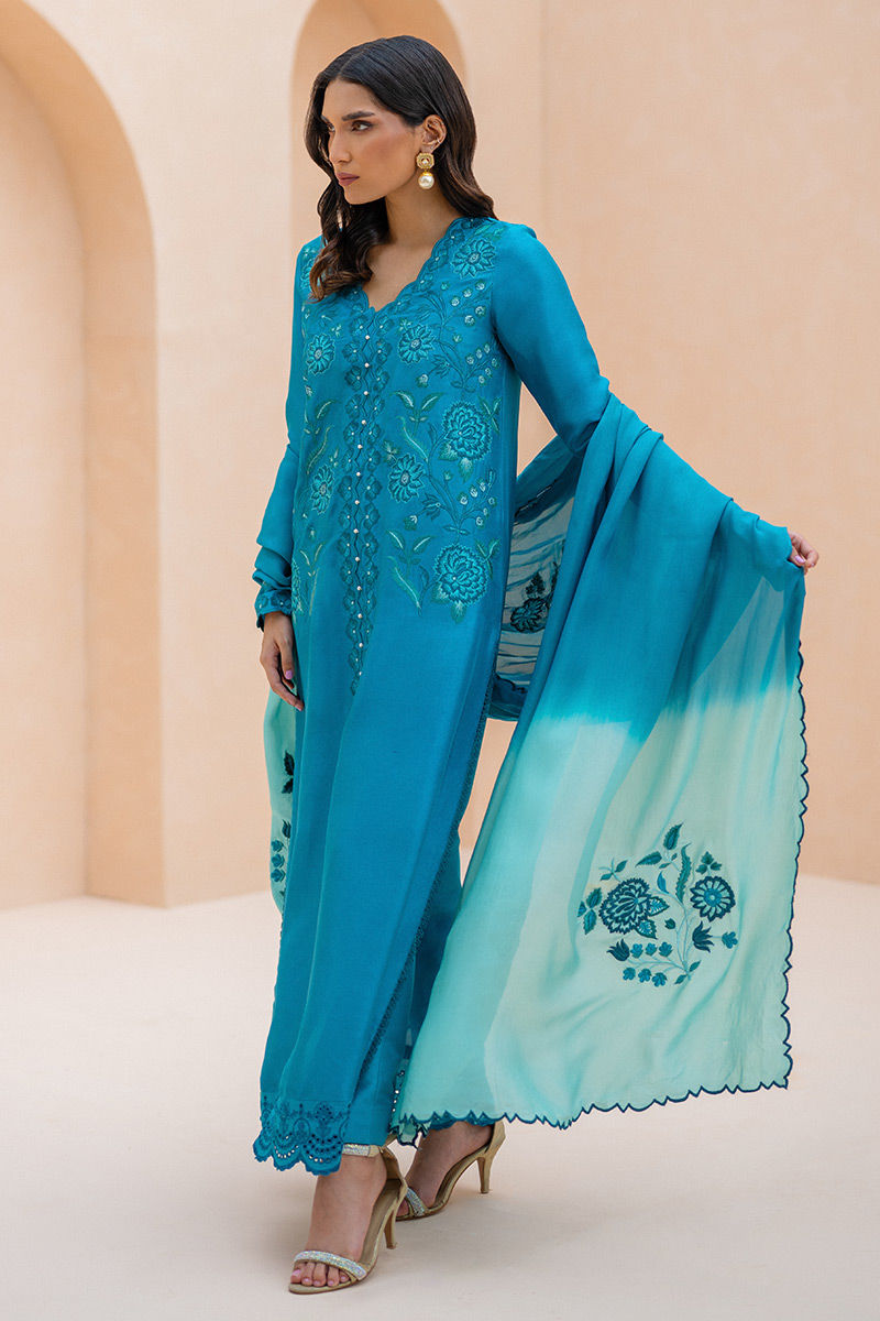 Pakistani Teal Embroidered Raw Silk Salwar Kameez (3-Piece) - Image 3
