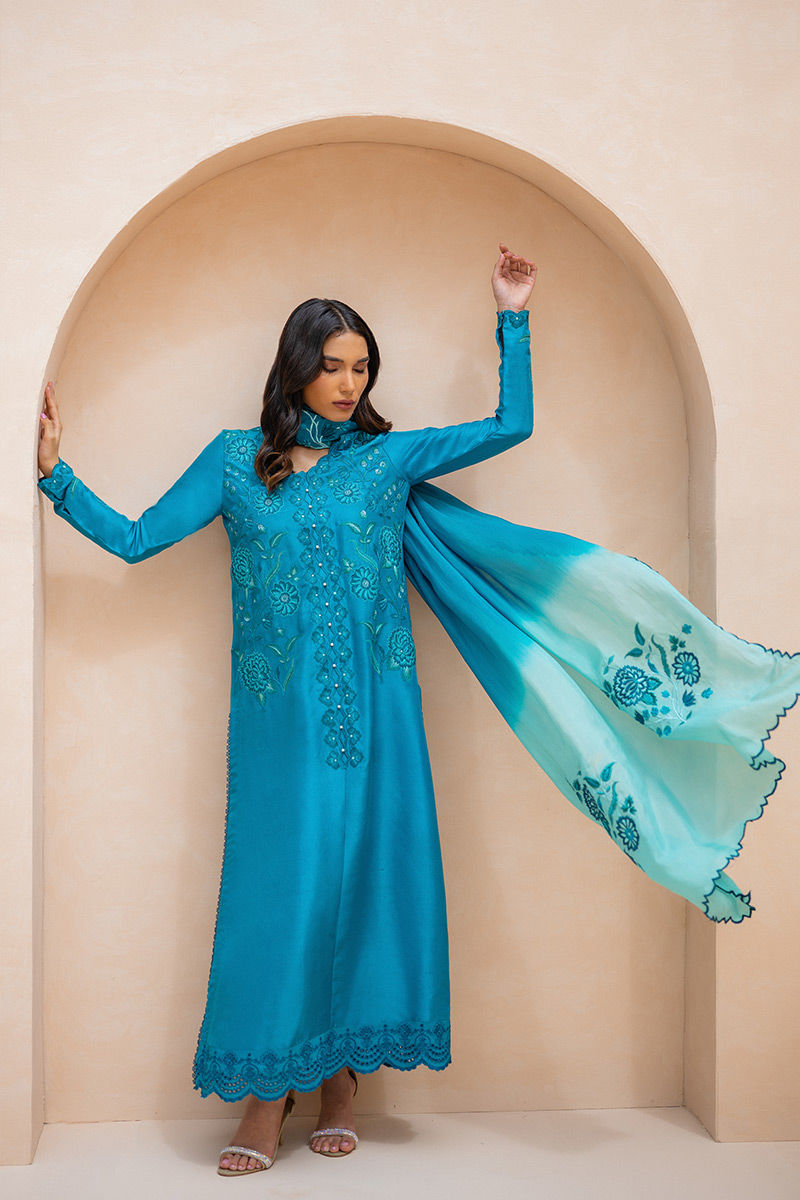 Pakistani Teal Embroidered Raw Silk Salwar Kameez (3-Piece) - Image 4