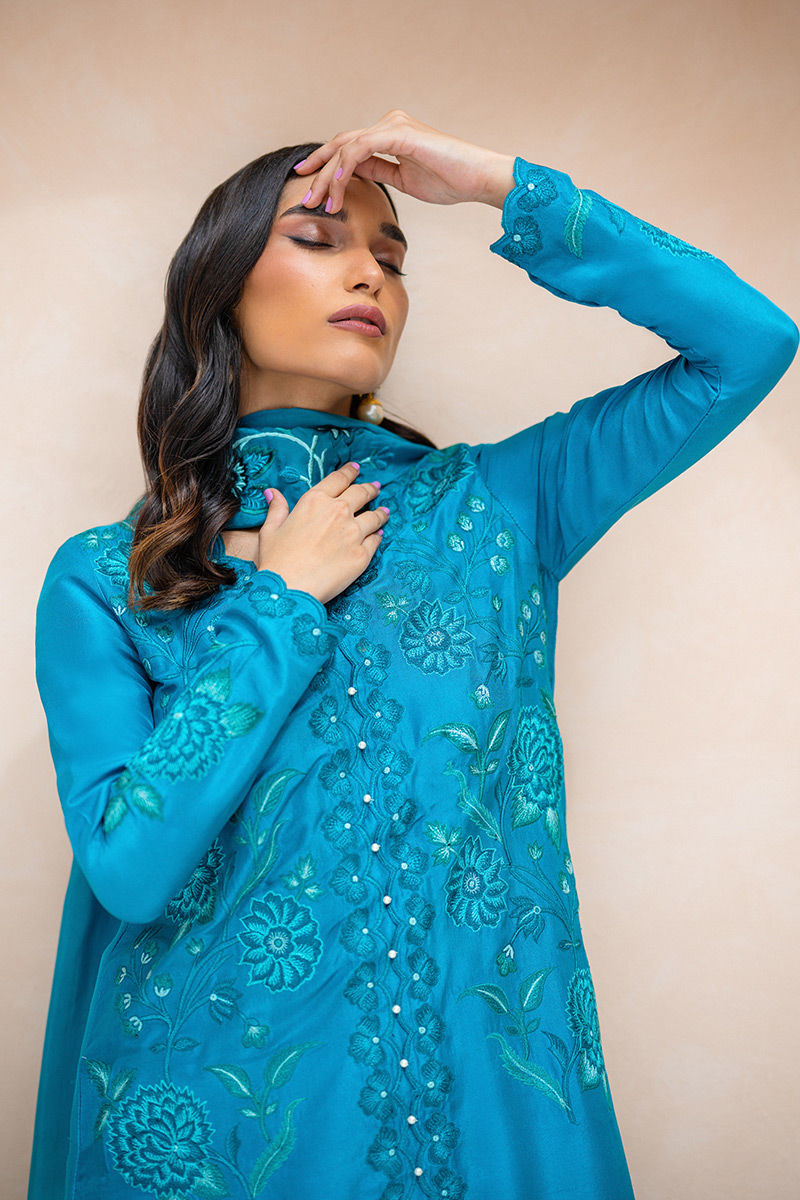Pakistani Teal Embroidered Raw Silk Salwar Kameez (3-Piece) - Image 5