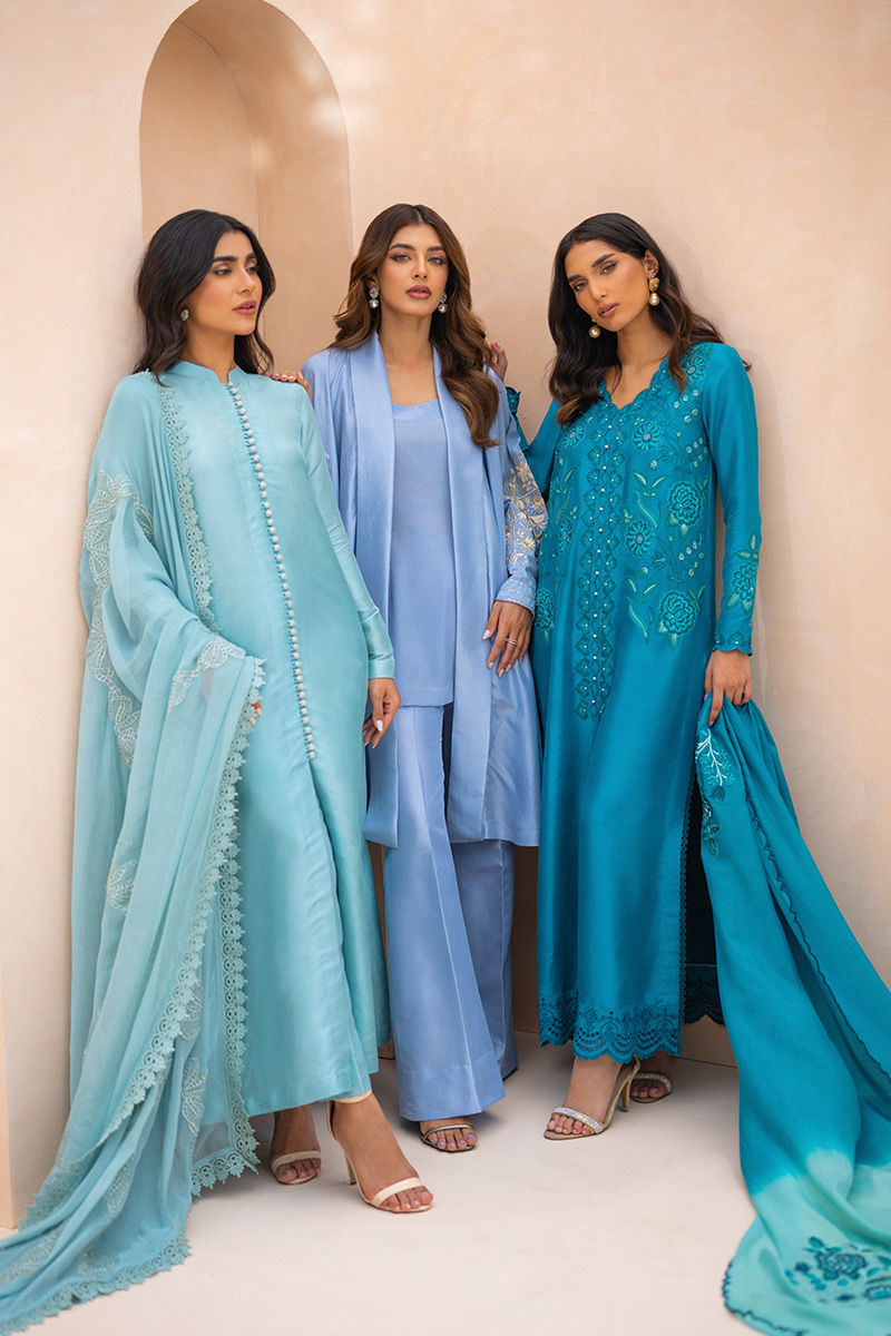 Pakistani Teal Embroidered Raw Silk Salwar Kameez (3-Piece) - Image 6