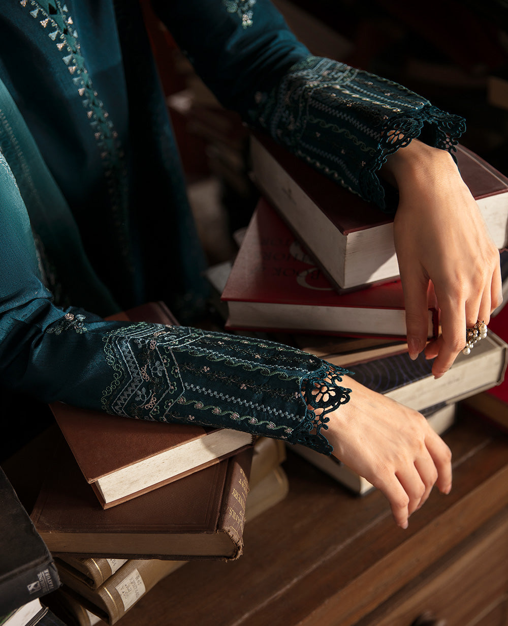 Pakistani Teal Blue Embroidered Raw Silk Kurta Set (3-Piece) - Image 7