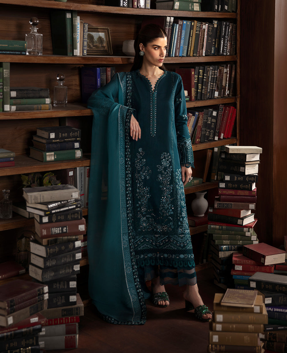 Teal Blue Embroidered Raw Silk Kurta Set (3-Piece) - Image 1