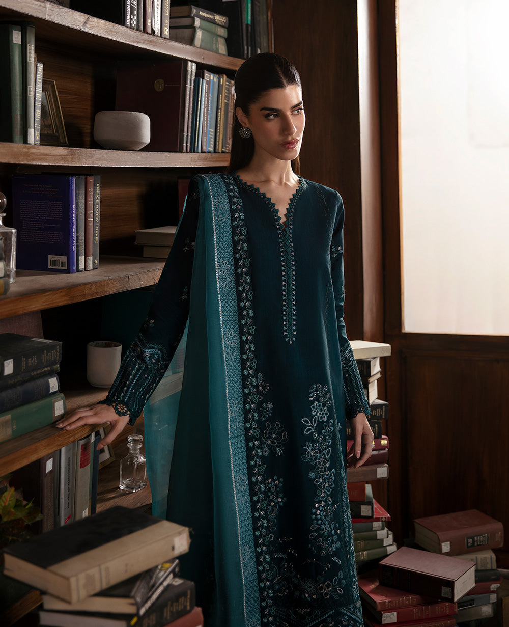 Teal Blue Embroidered Raw Silk Kurta Set (3-Piece) - Image 3