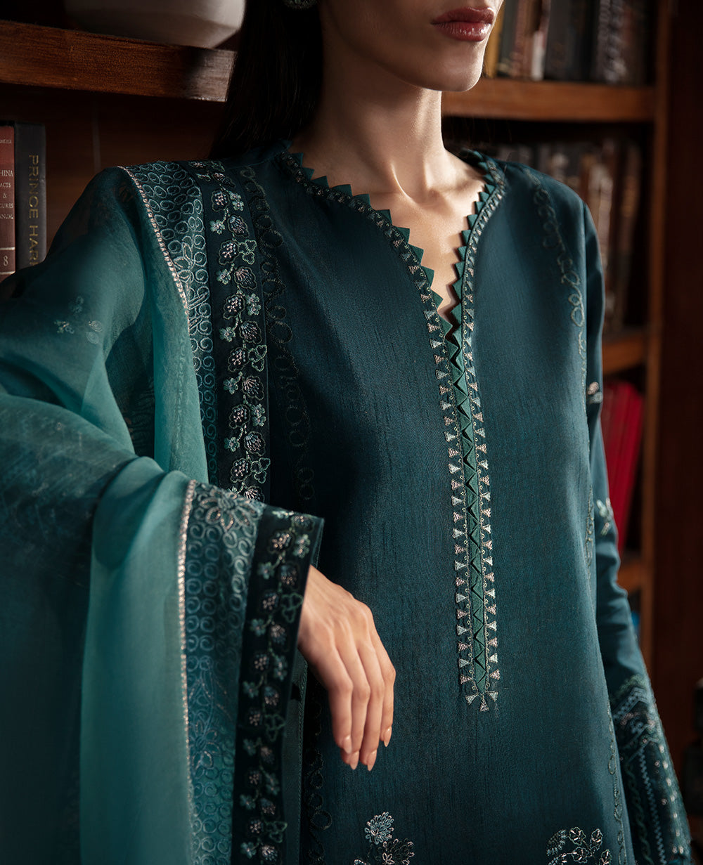 Teal Blue Embroidered Raw Silk Kurta Set (3-Piece) - Image 4