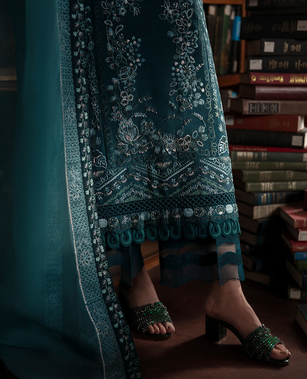 Teal Blue Embroidered Raw Silk Kurta Set (3-Piece) - Image 5