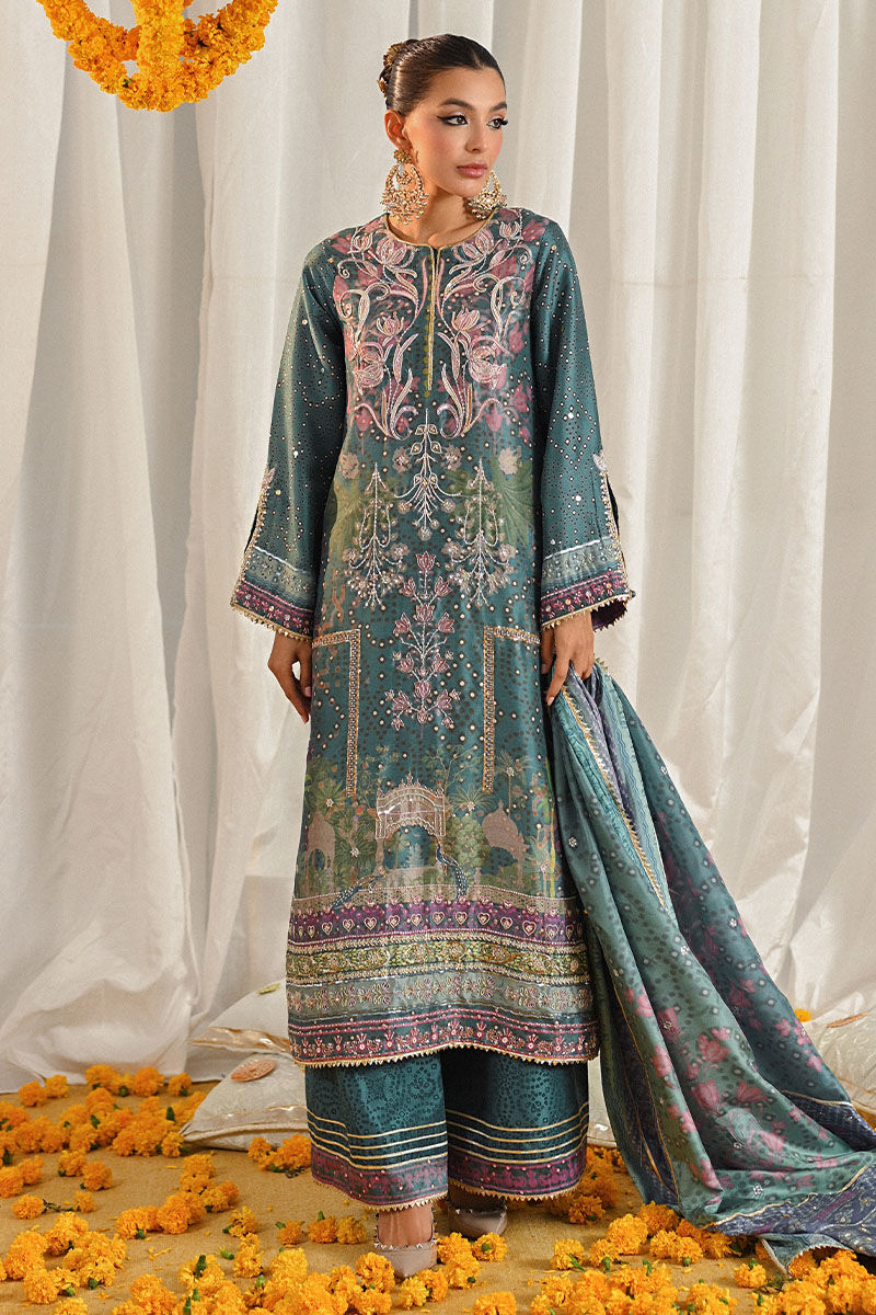 Teal Embroidered Digital-Print Chunri Long Shirt (3-Piece) - Image 1