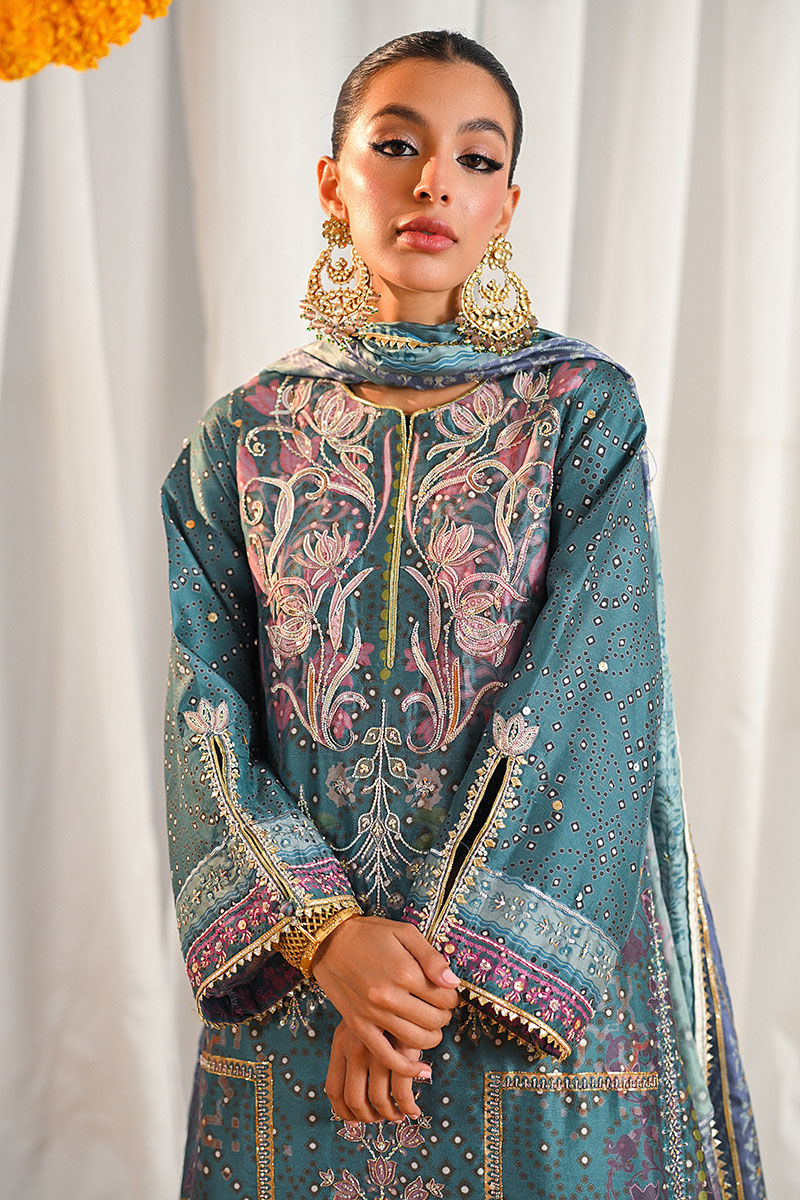 Teal Embroidered Digital-Print Chunri Long Shirt (3-Piece) - Image 2