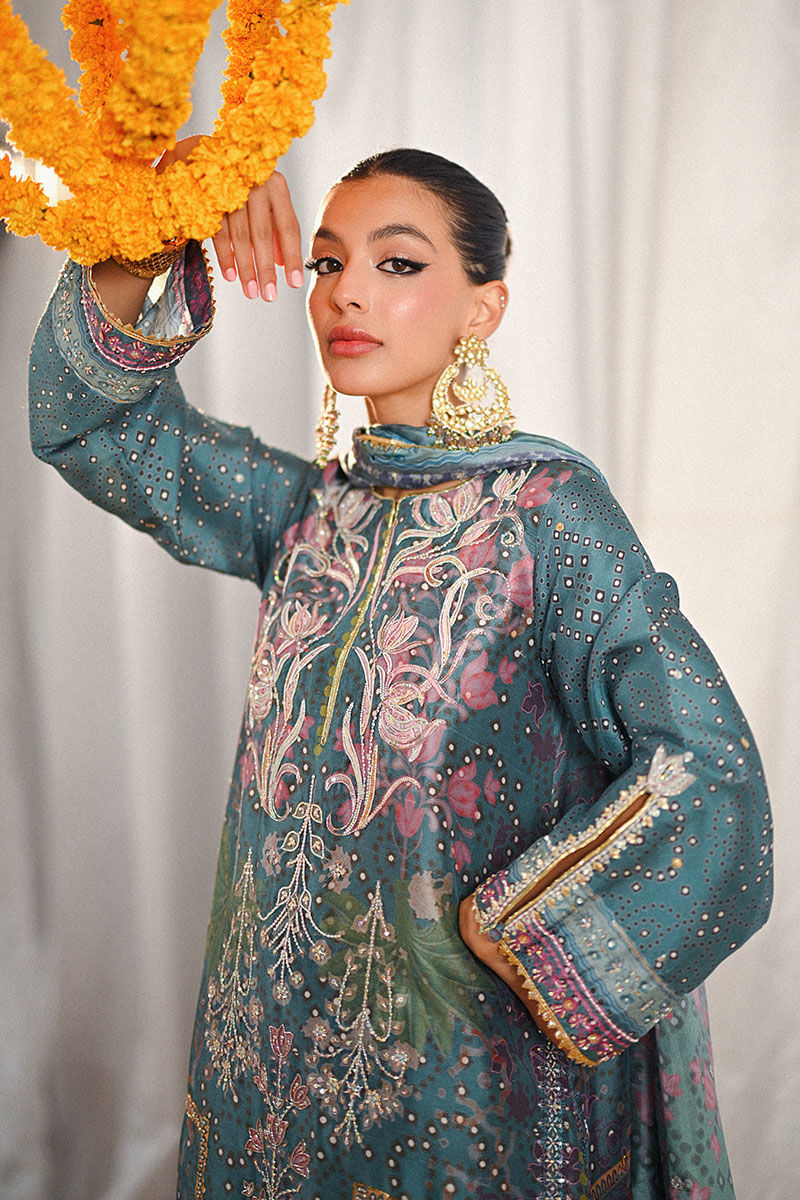 Teal Embroidered Digital-Print Chunri Long Shirt (3-Piece) - Image 4