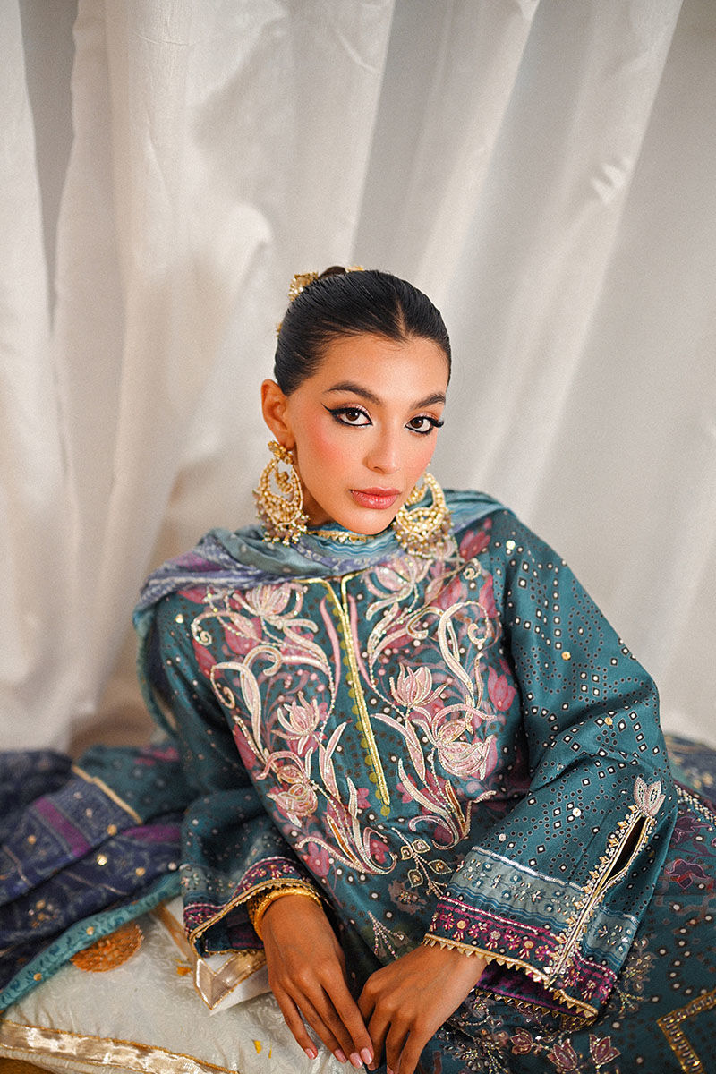 Teal Embroidered Digital-Print Chunri Long Shirt (3-Piece) - Image 5