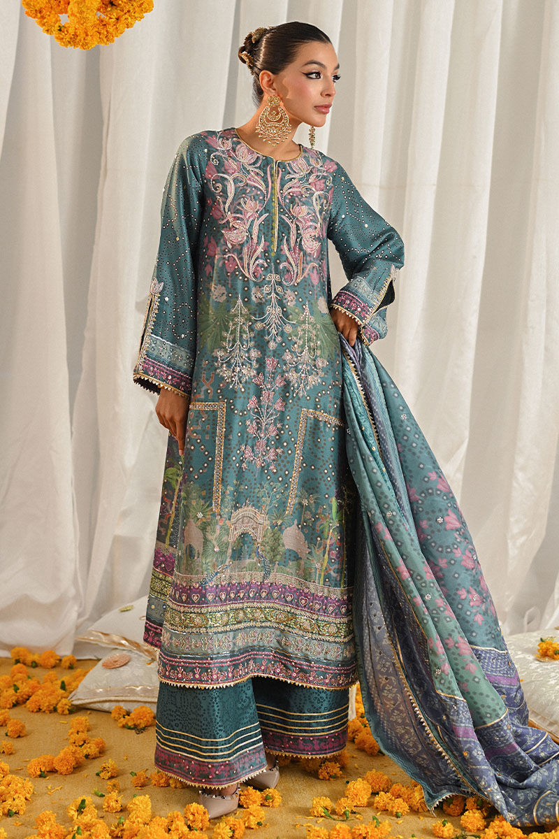 Teal Embroidered Digital-Print Chunri Long Shirt (3-Piece) - Image 6