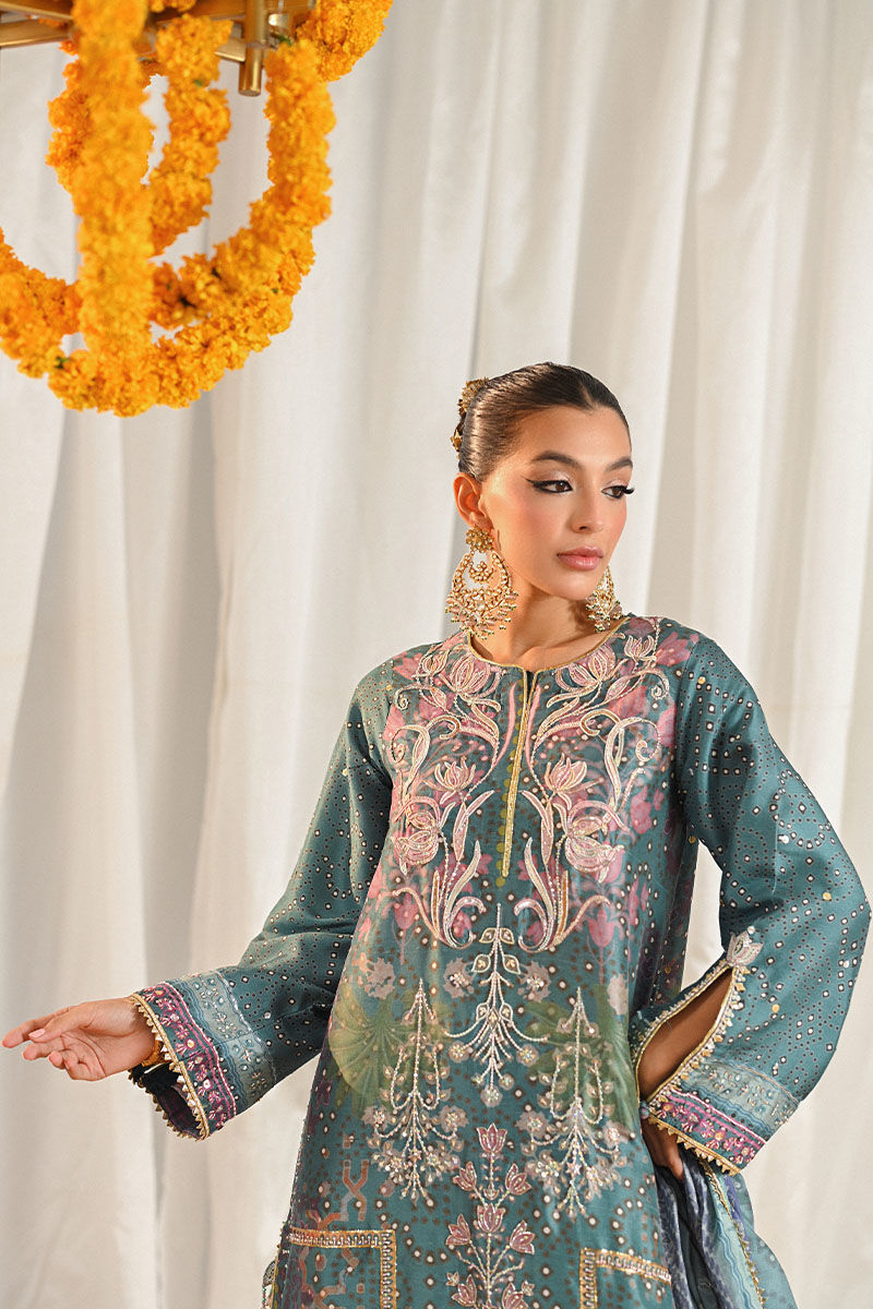 Teal Embroidered Digital-Print Chunri Long Shirt (3-Piece) - Image 7