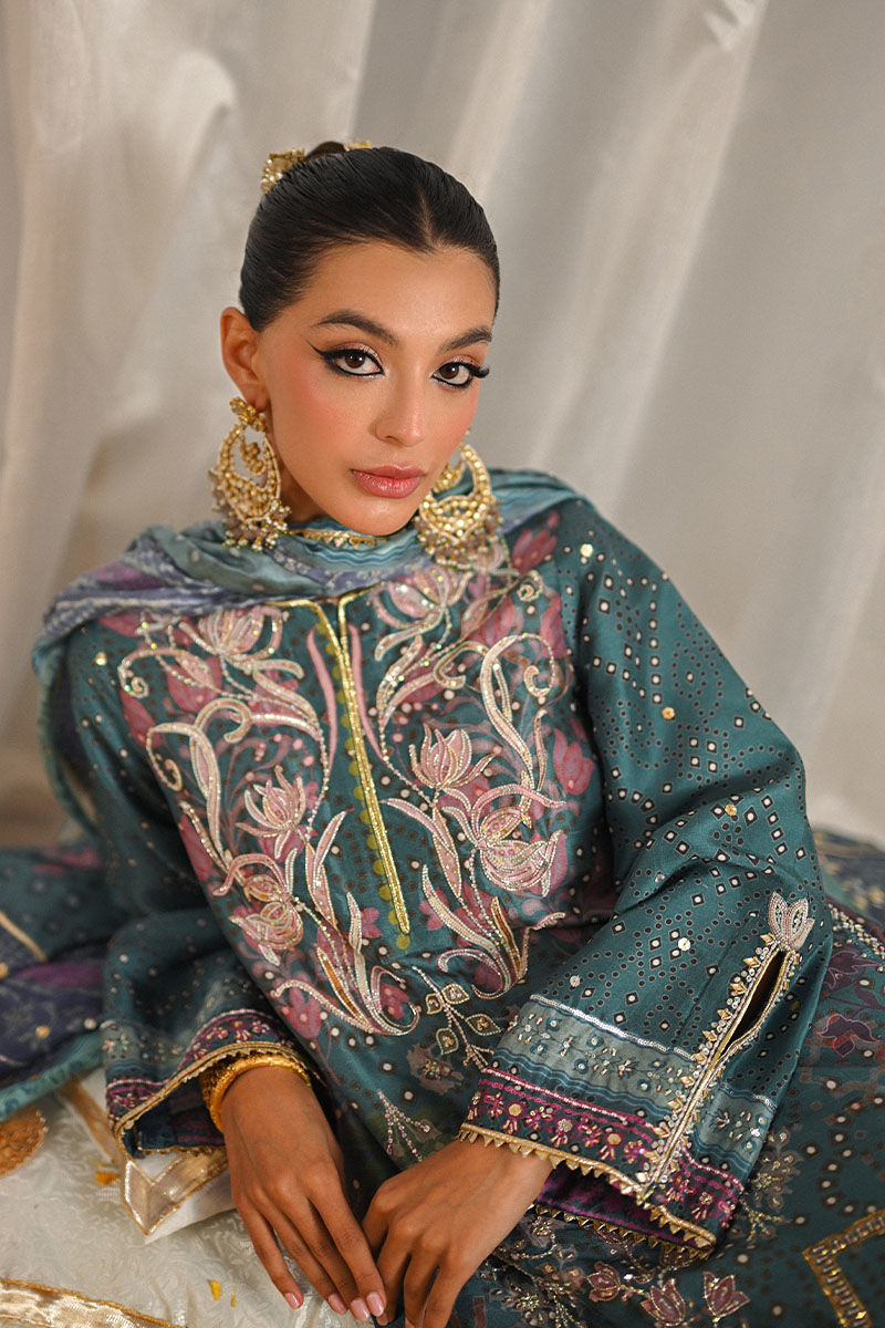 Teal Embroidered Digital-Print Chunri Long Shirt (3-Piece) - Image 8