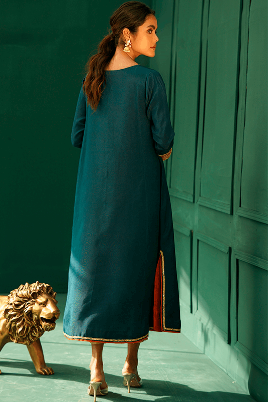 Teal Embroidered Raw Silk A-Line Shirt (2-Piece) - Image 1