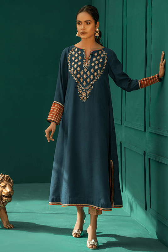 Teal Embroidered Raw Silk A-Line Shirt (2-Piece) - Image 3