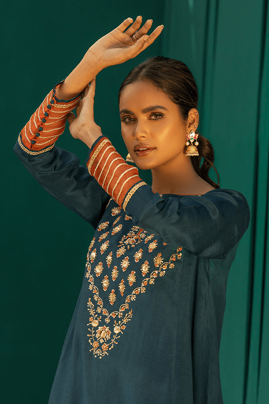 Teal Embroidered Raw Silk A-Line Shirt (2-Piece) - Image 4