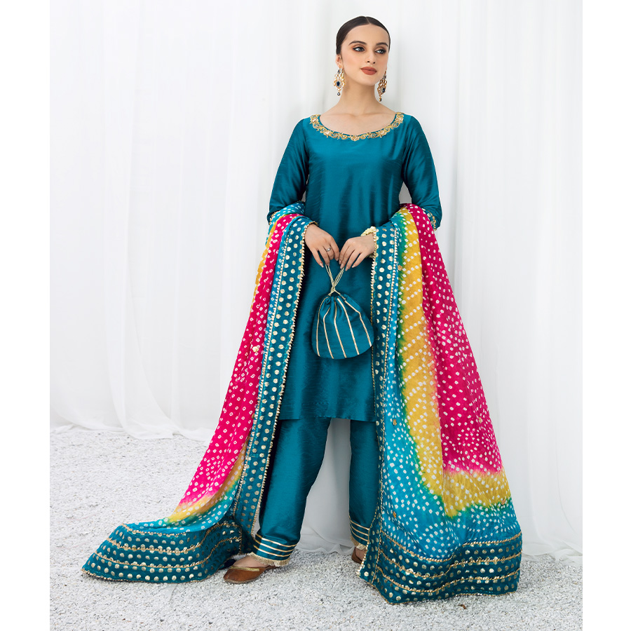 Pakistani Teal Gota Embroidered Raw Silk Salwar Kameez (4-Piece) - Image 1
