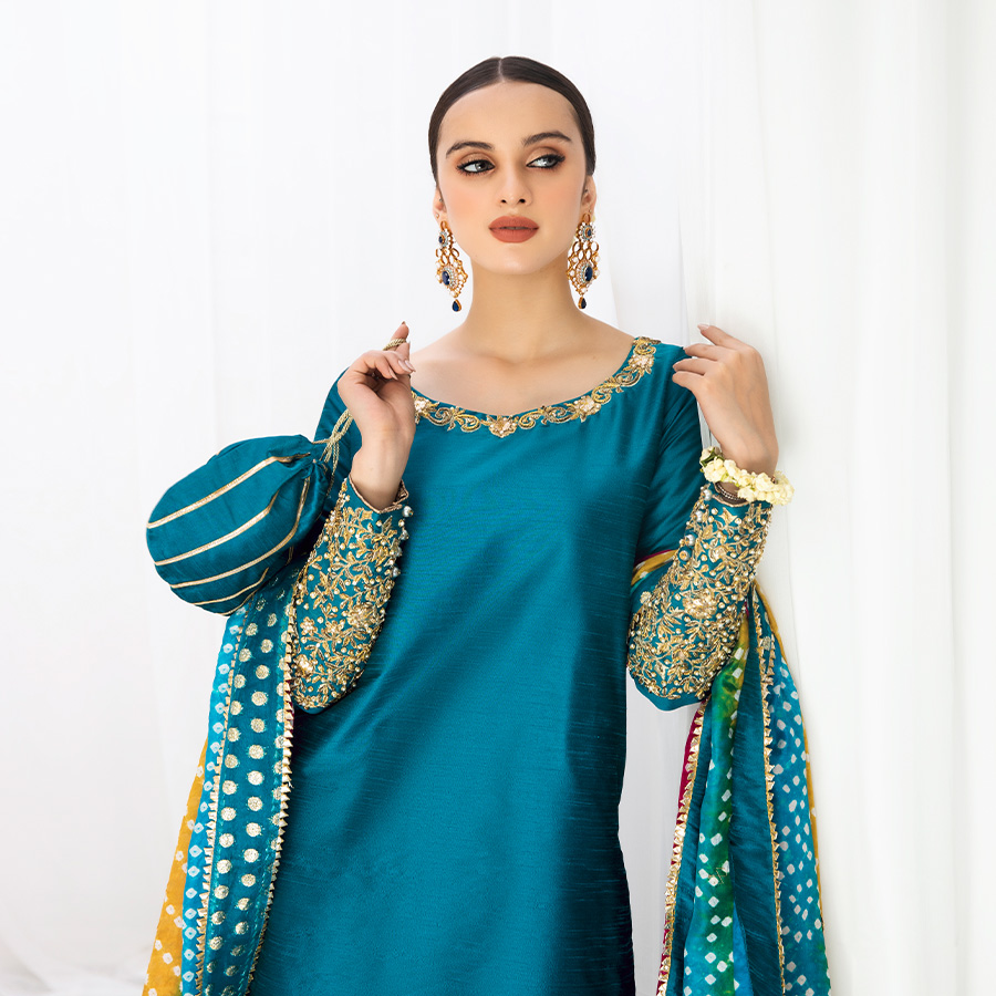 Pakistani Teal Gota Embroidered Raw Silk Salwar Kameez (4-Piece) - Image 3