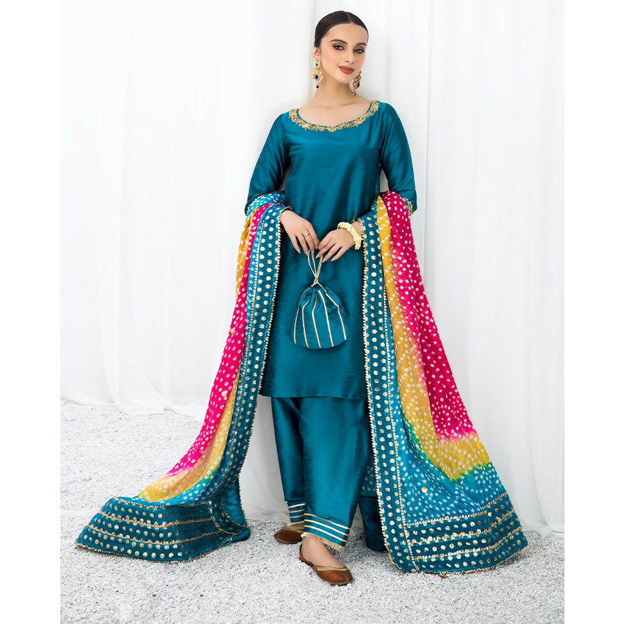 Pakistani Teal Gota Embroidered Raw Silk Salwar Kameez (4-Piece) - Image 4