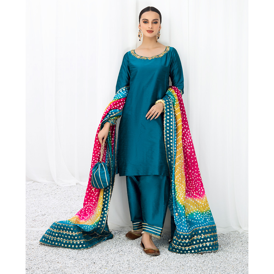 Pakistani Teal Gota Embroidered Raw Silk Salwar Kameez (4-Piece) - Image 5