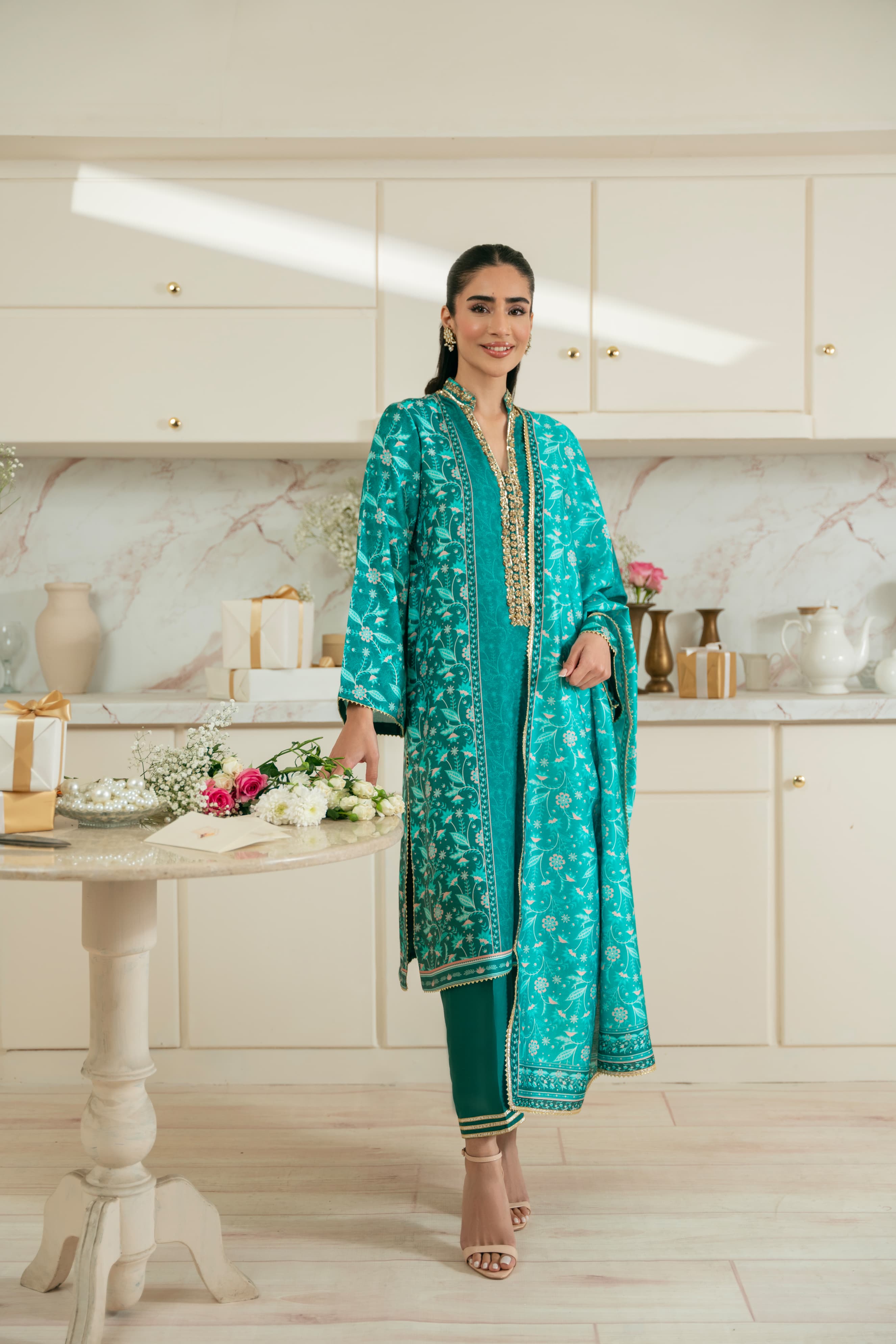 Pakistani Teal Hand Ada Work Pure Raw Silk Salwar Kameez (3-Piece) - Image 1