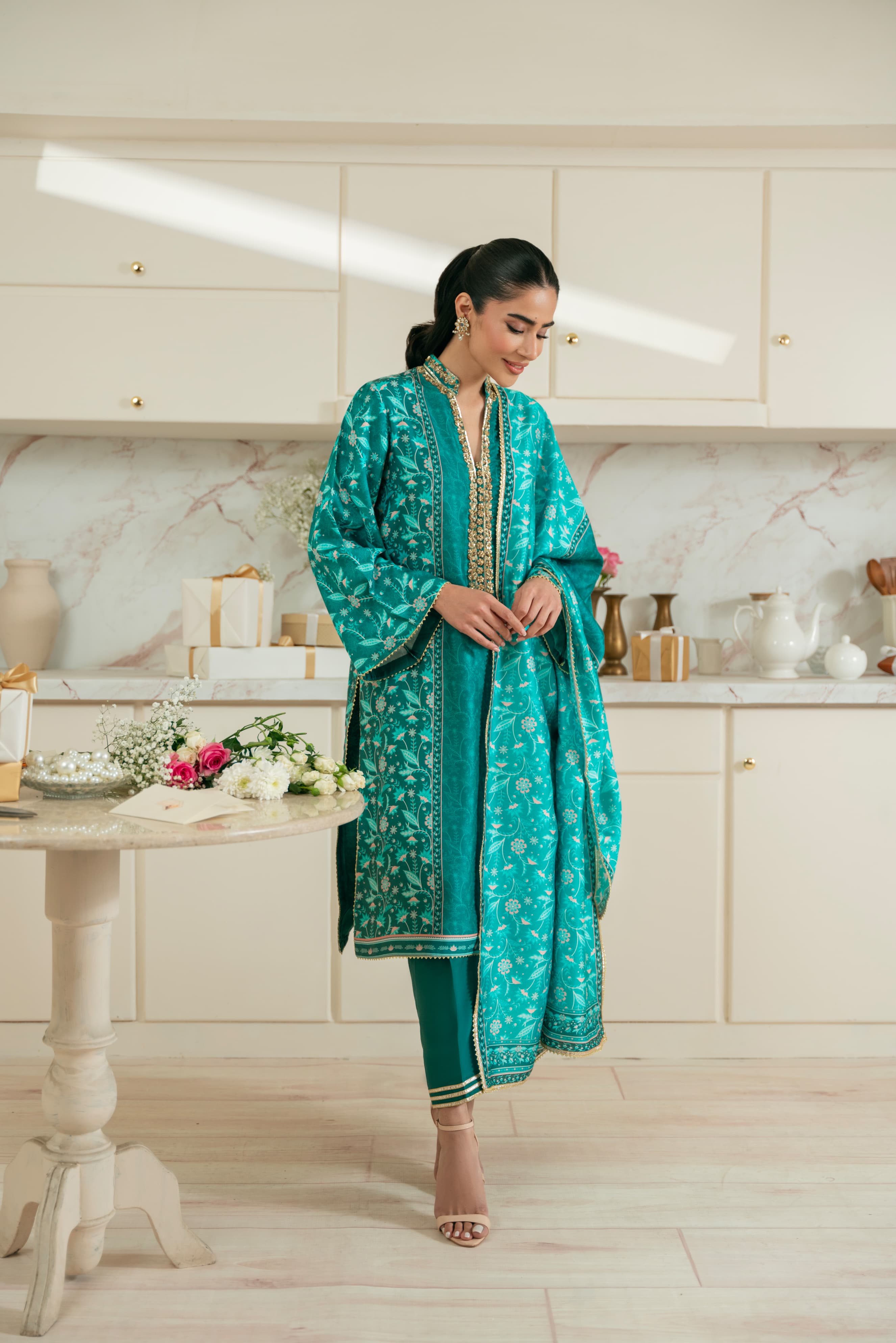 Pakistani Teal Hand Ada Work Pure Raw Silk Salwar Kameez (3-Piece) - Image 3