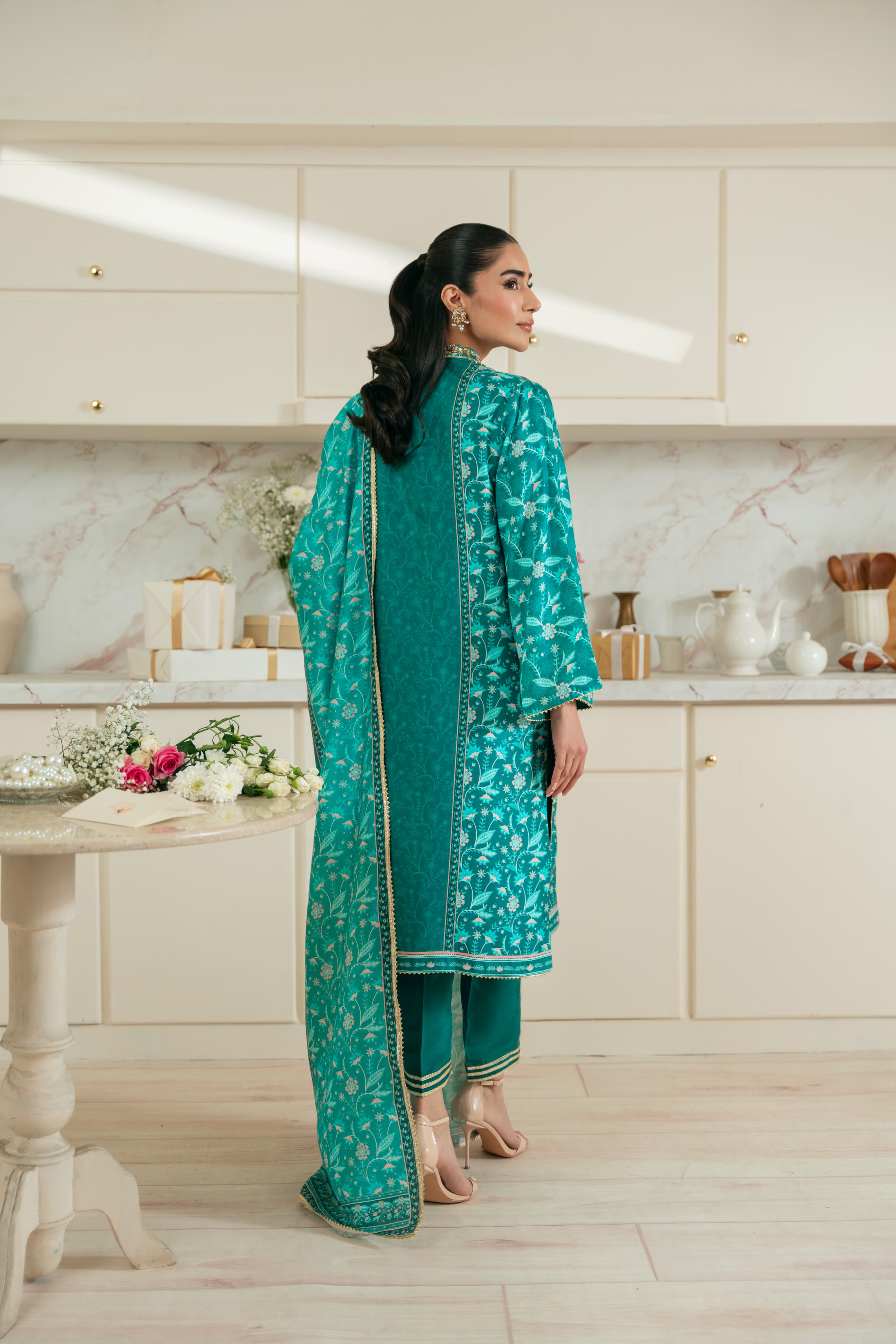 Pakistani Teal Hand Ada Work Pure Raw Silk Salwar Kameez (3-Piece) - Image 4