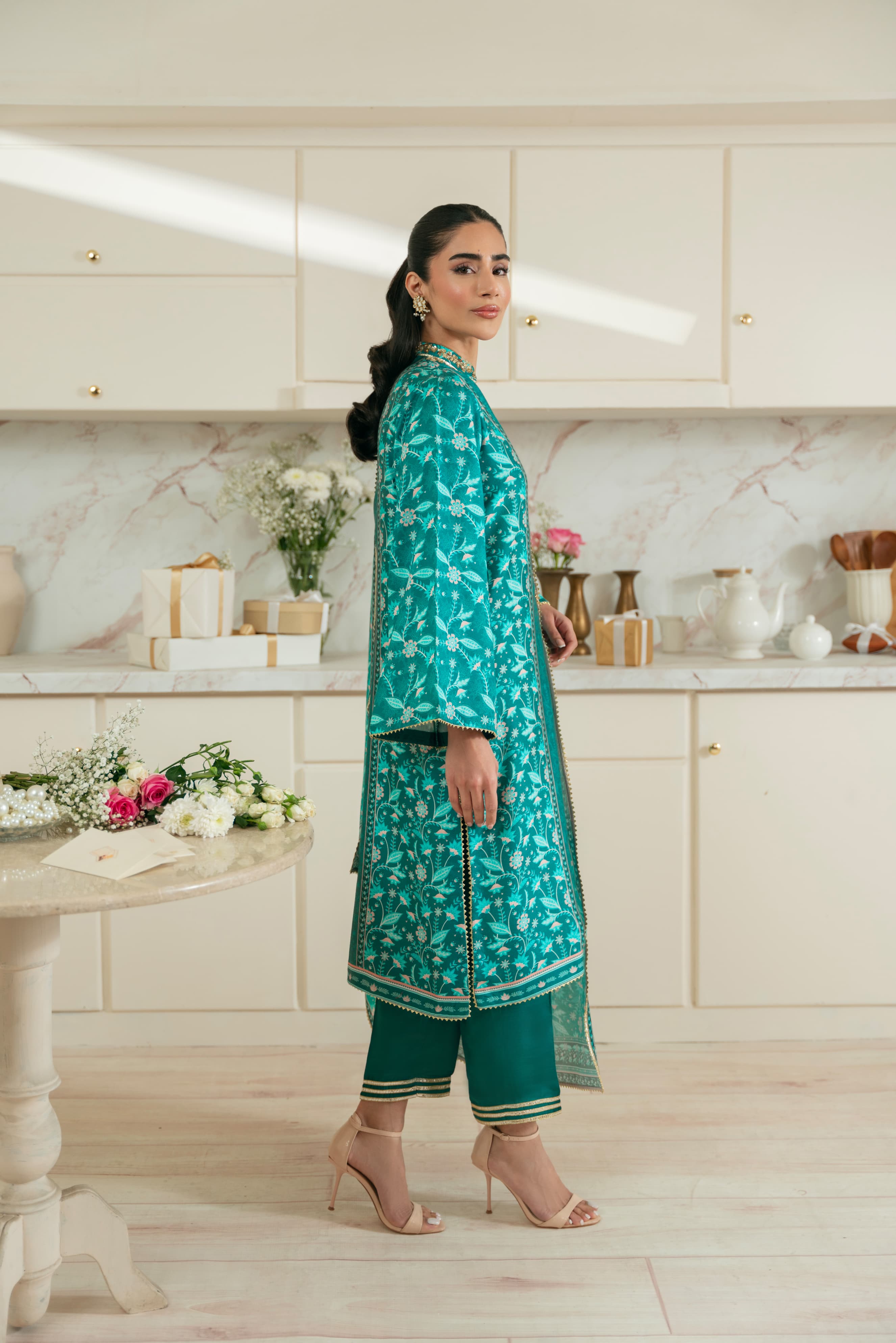 Pakistani Teal Hand Ada Work Pure Raw Silk Salwar Kameez (3-Piece) - Image 5