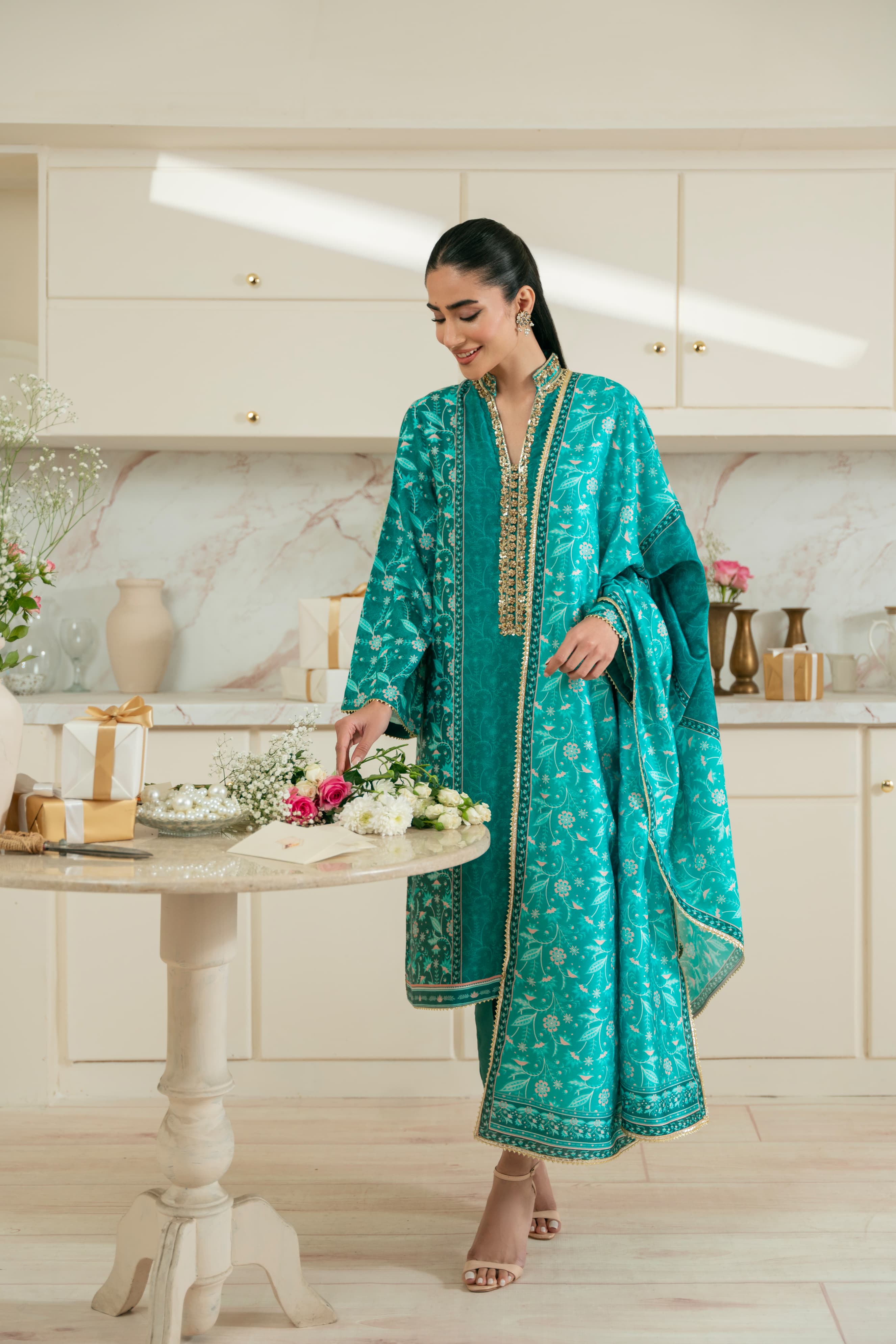 Pakistani Teal Hand Ada Work Pure Raw Silk Salwar Kameez (3-Piece) - Image 6