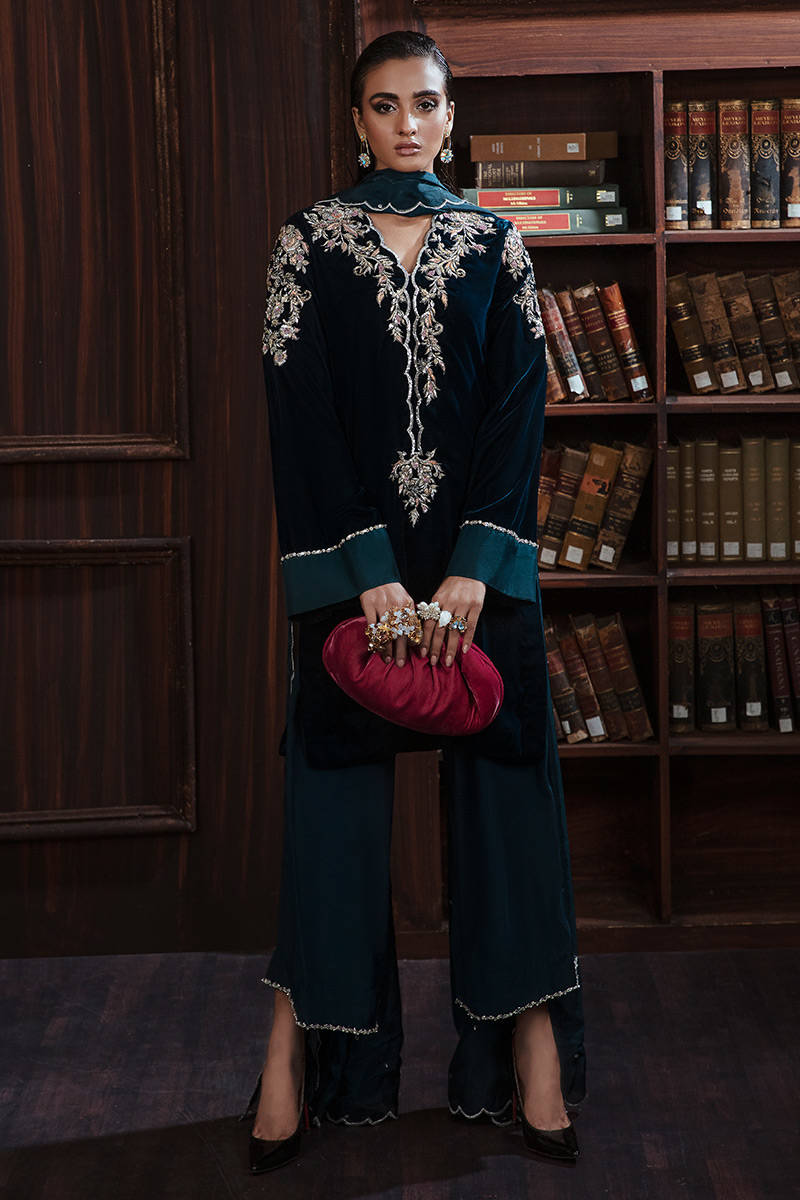 Teal Blue Embroidered Silk Plazo Set (3-Piece) - Image 1