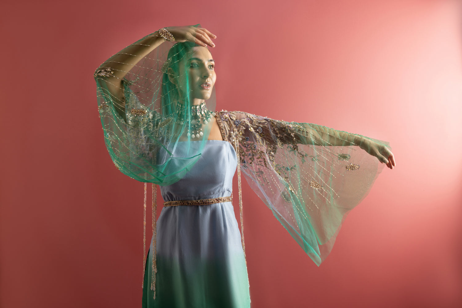 Teal Blue Embroidered Raw Silk Salwar Kameez (2-Piece) - Image 5