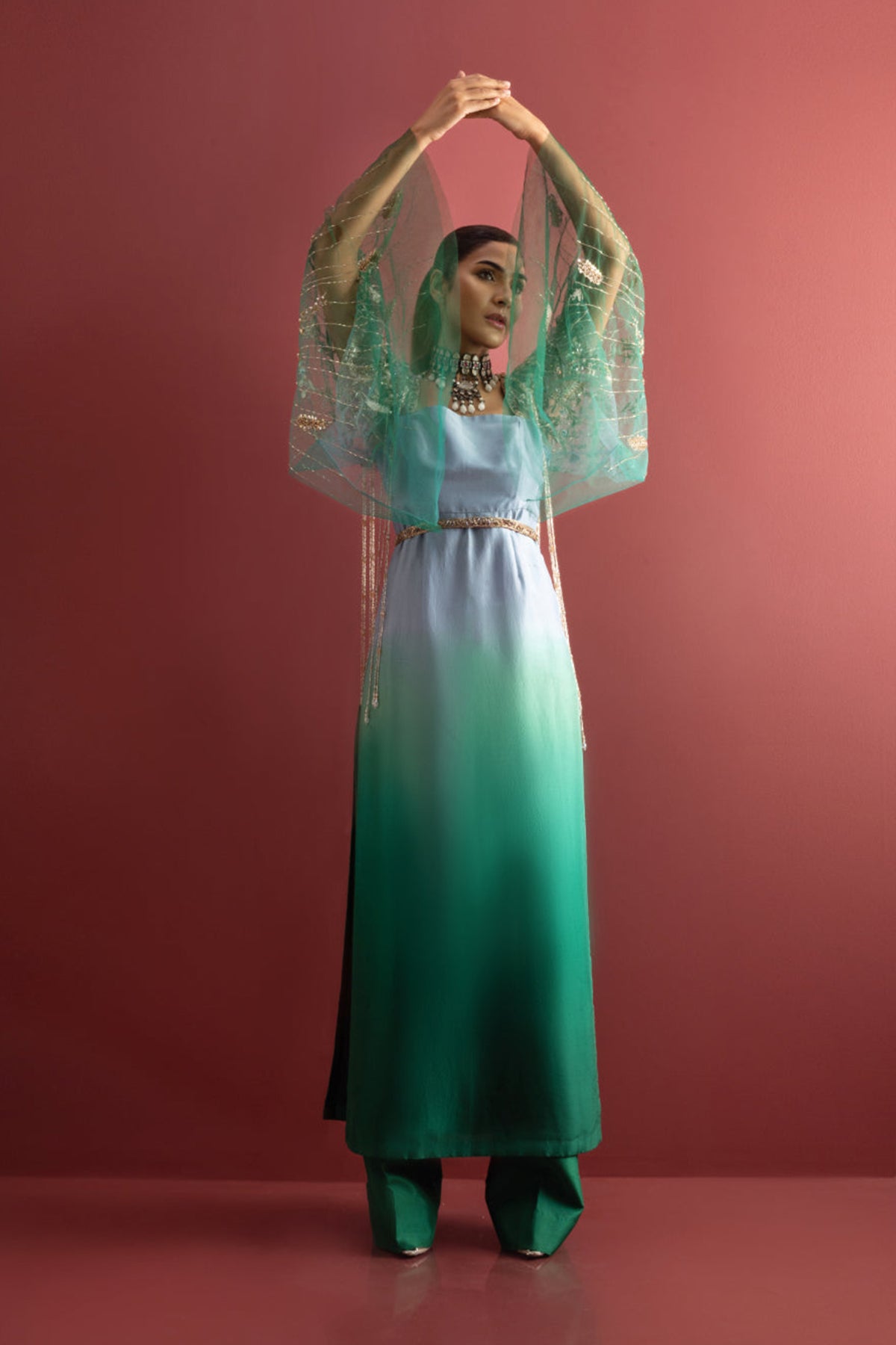 Teal Blue Embroidered Raw Silk Salwar Kameez (2-Piece) - Image 9