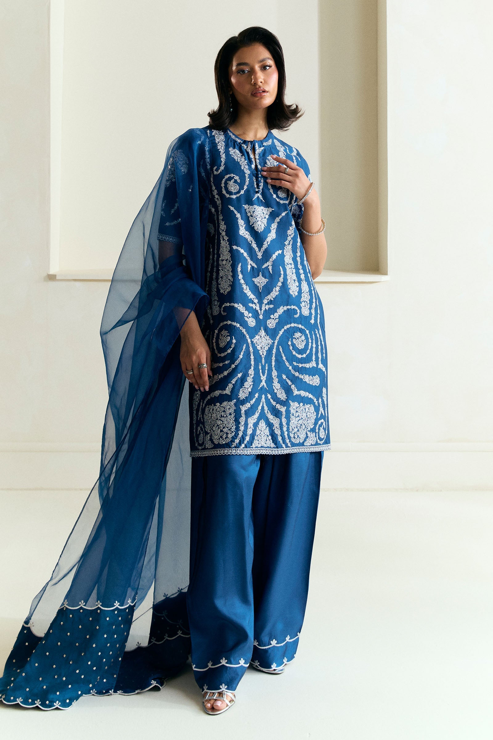Pakistani Teal Blue Embroidered Raw Silk Kurta Set (3-Piece) - Image 1
