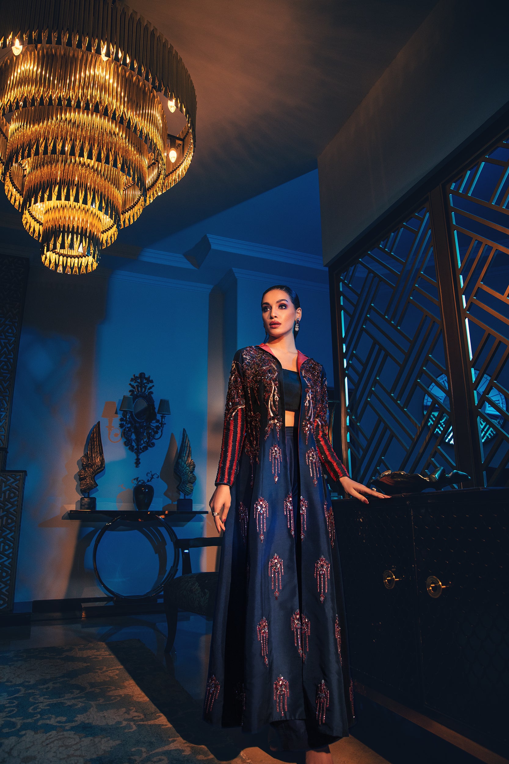 Teal Blue Embellished Raw Silk Jacket Set (3-Piece) - Image 2