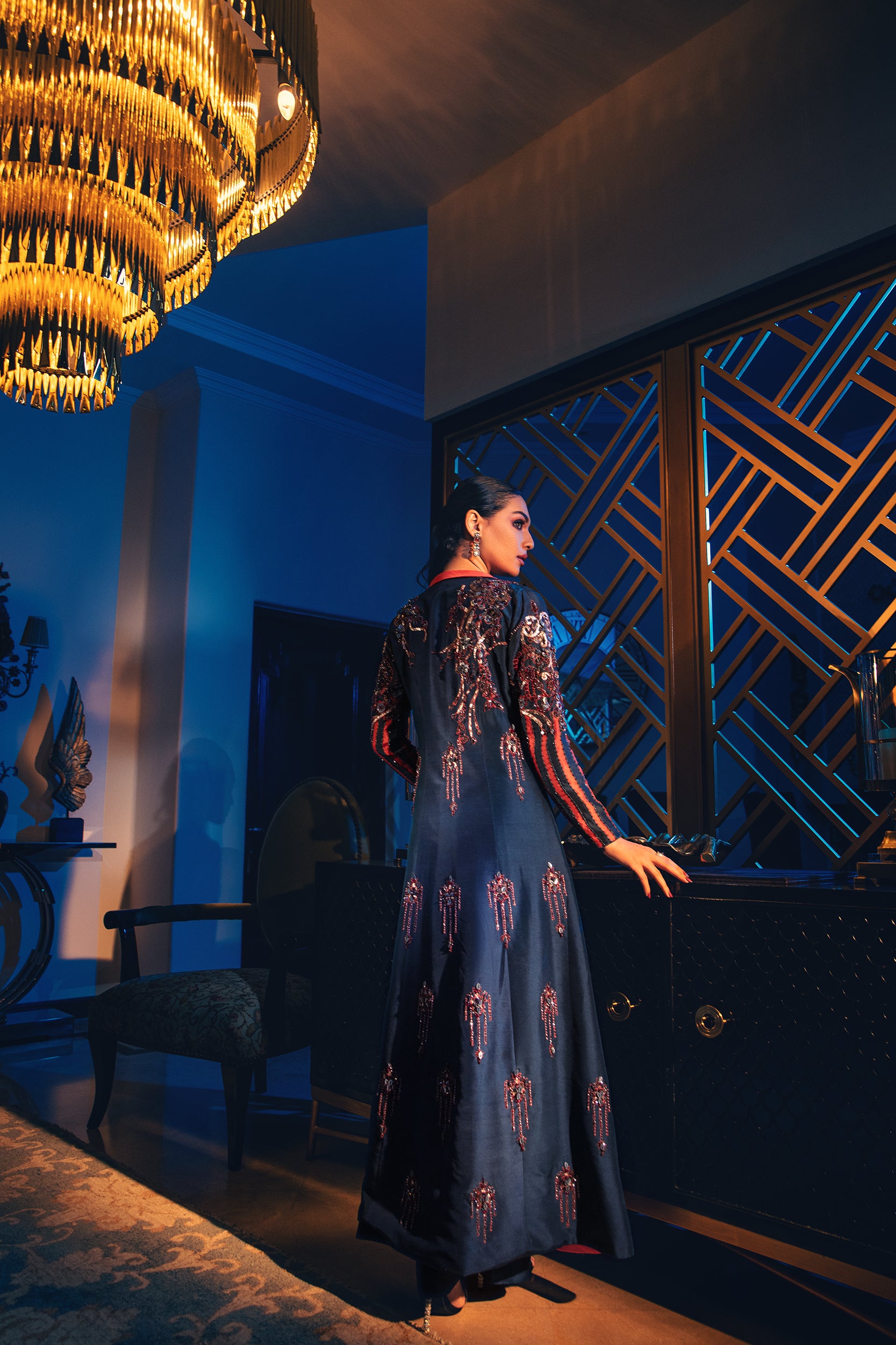 Teal Blue Embellished Raw Silk Jacket Set (3-Piece) - Image 3