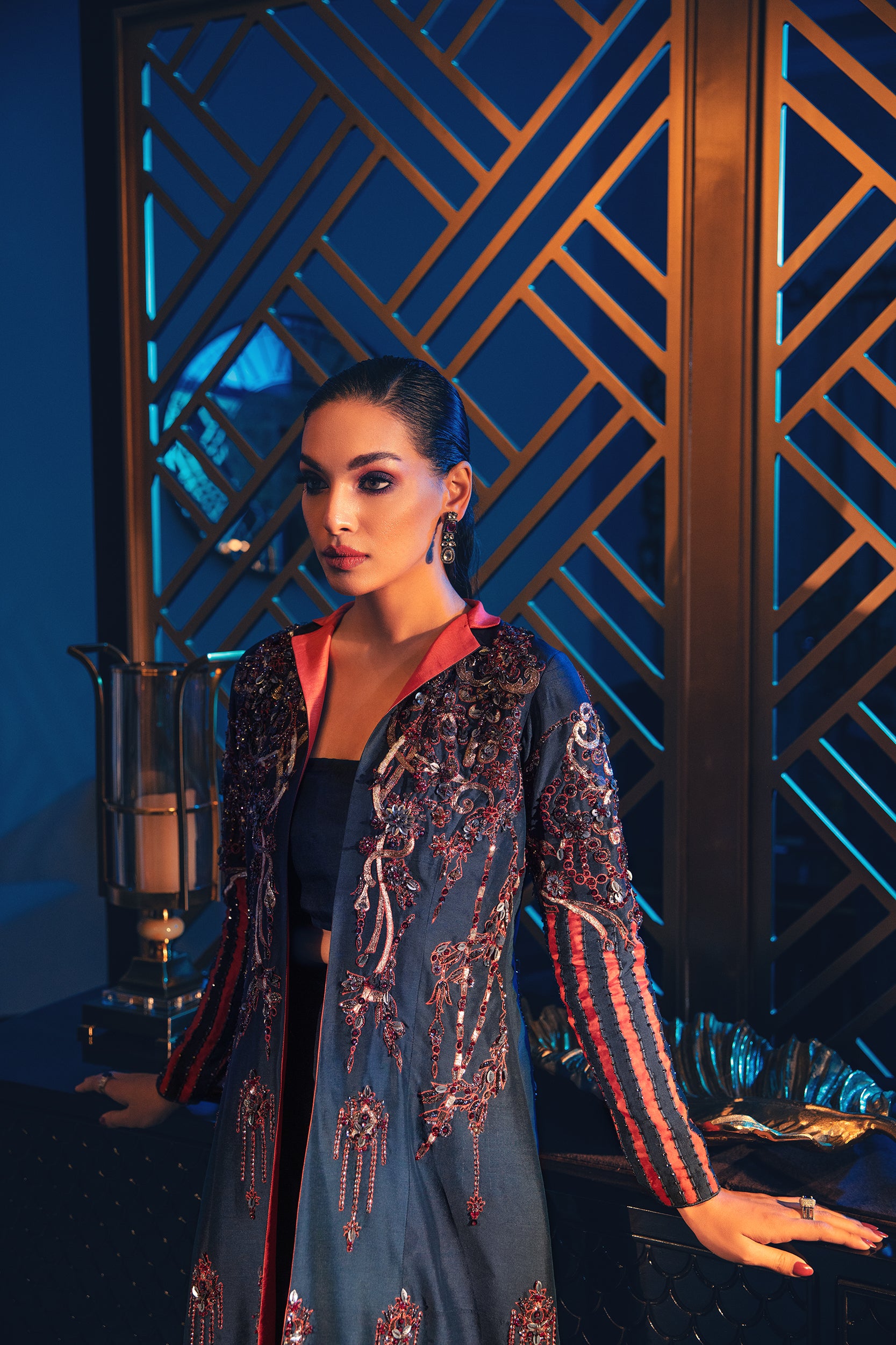 Teal Blue Embellished Raw Silk Jacket Set (3-Piece) - Image 4