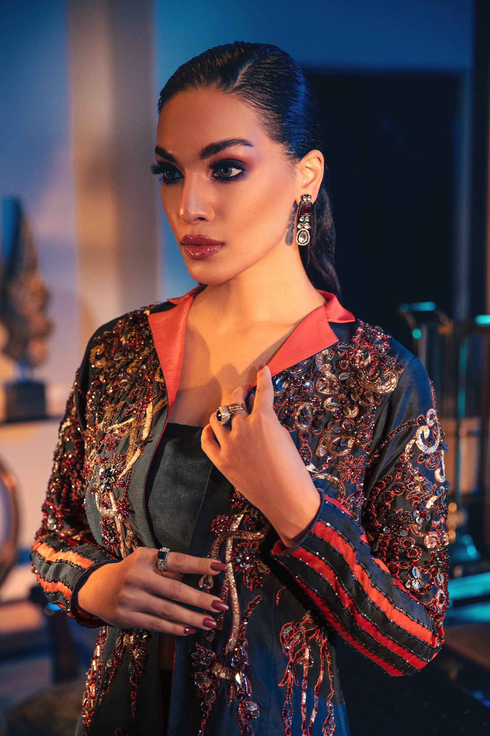 Teal Blue Embellished Raw Silk Jacket Set (3-Piece) - Image 5