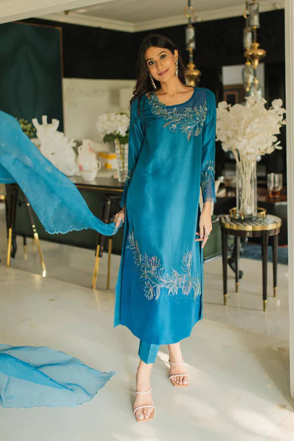 Azure Teal Embroidered Raw Silk Salwar Kameez (3-Piece) - Image 1