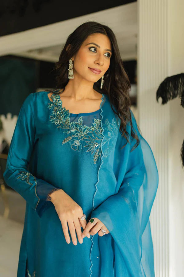 Azure Teal Embroidered Raw Silk Salwar Kameez (3-Piece) - Image 2