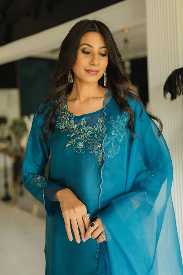 Azure Teal Embroidered Raw Silk Salwar Kameez (3-Piece) - Image 3