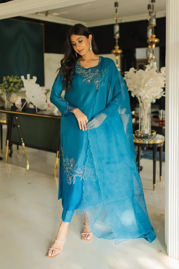 Azure Teal Embroidered Raw Silk Salwar Kameez (3-Piece) - Image 4