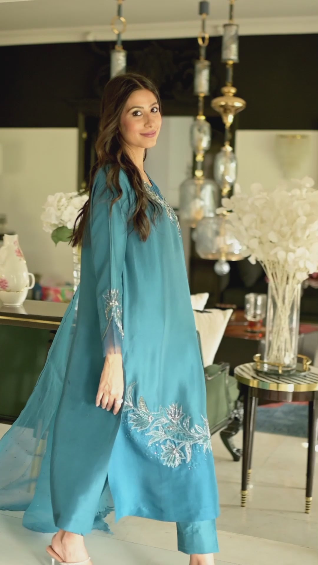 Azure Teal Embroidered Raw Silk Salwar Kameez (3-Piece) - Image 6