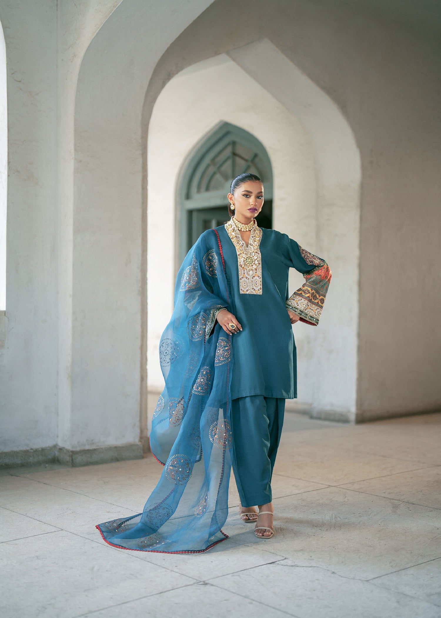 Teal Zardozi Raw Silk Kurta Set (3-Piece) - Image 1