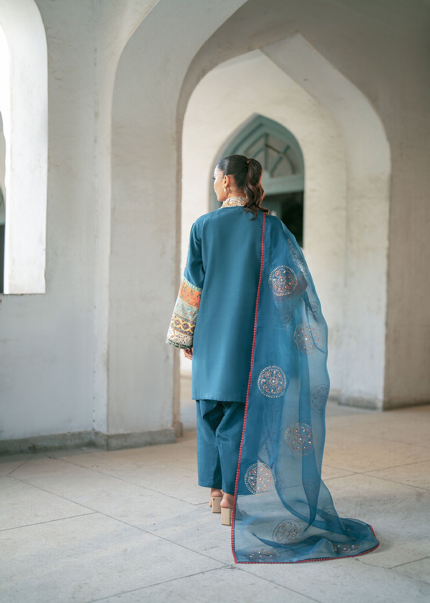 Teal Zardozi Raw Silk Kurta Set (3-Piece) - Image 2