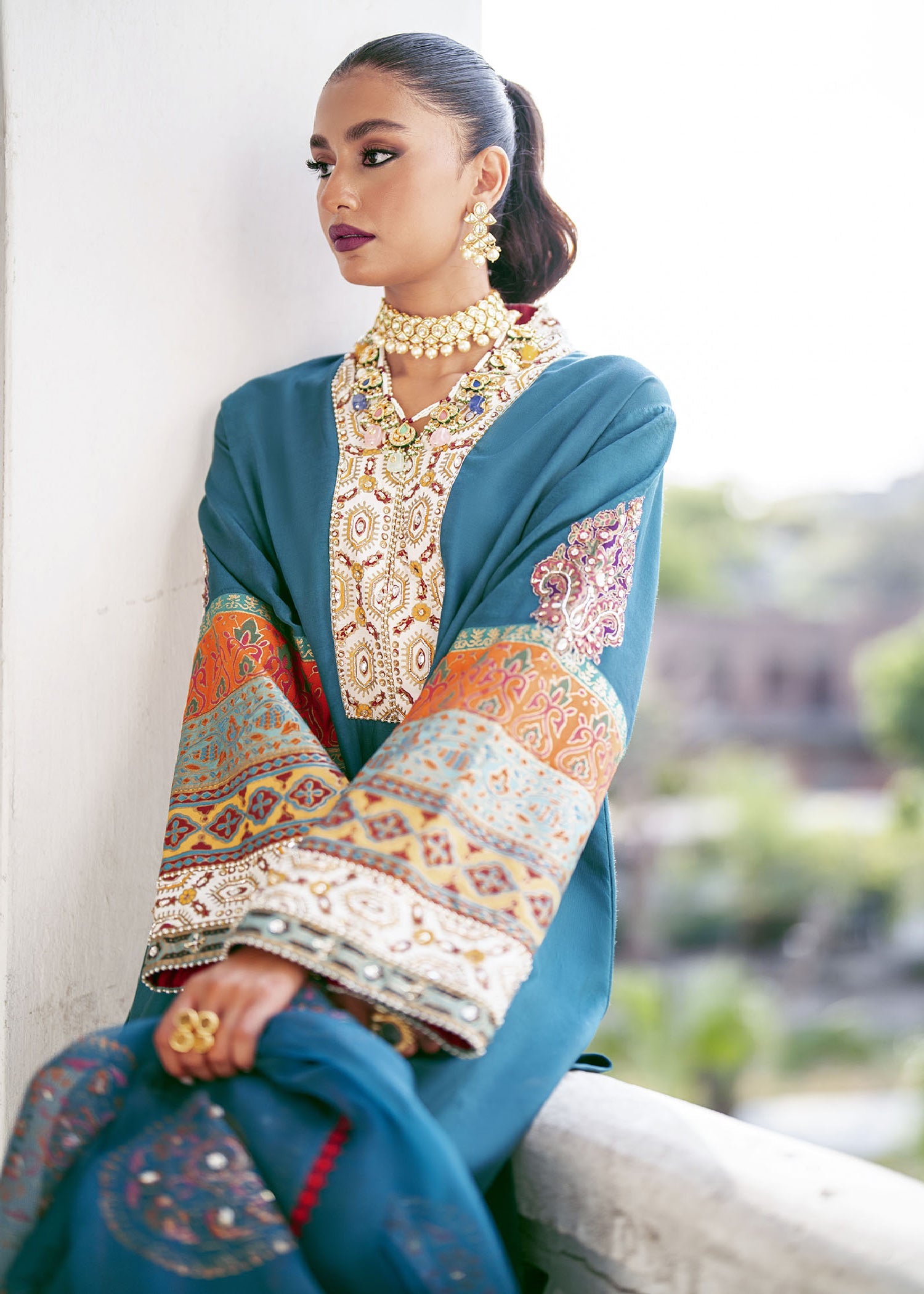 Teal Zardozi Raw Silk Kurta Set (3-Piece) - Image 4