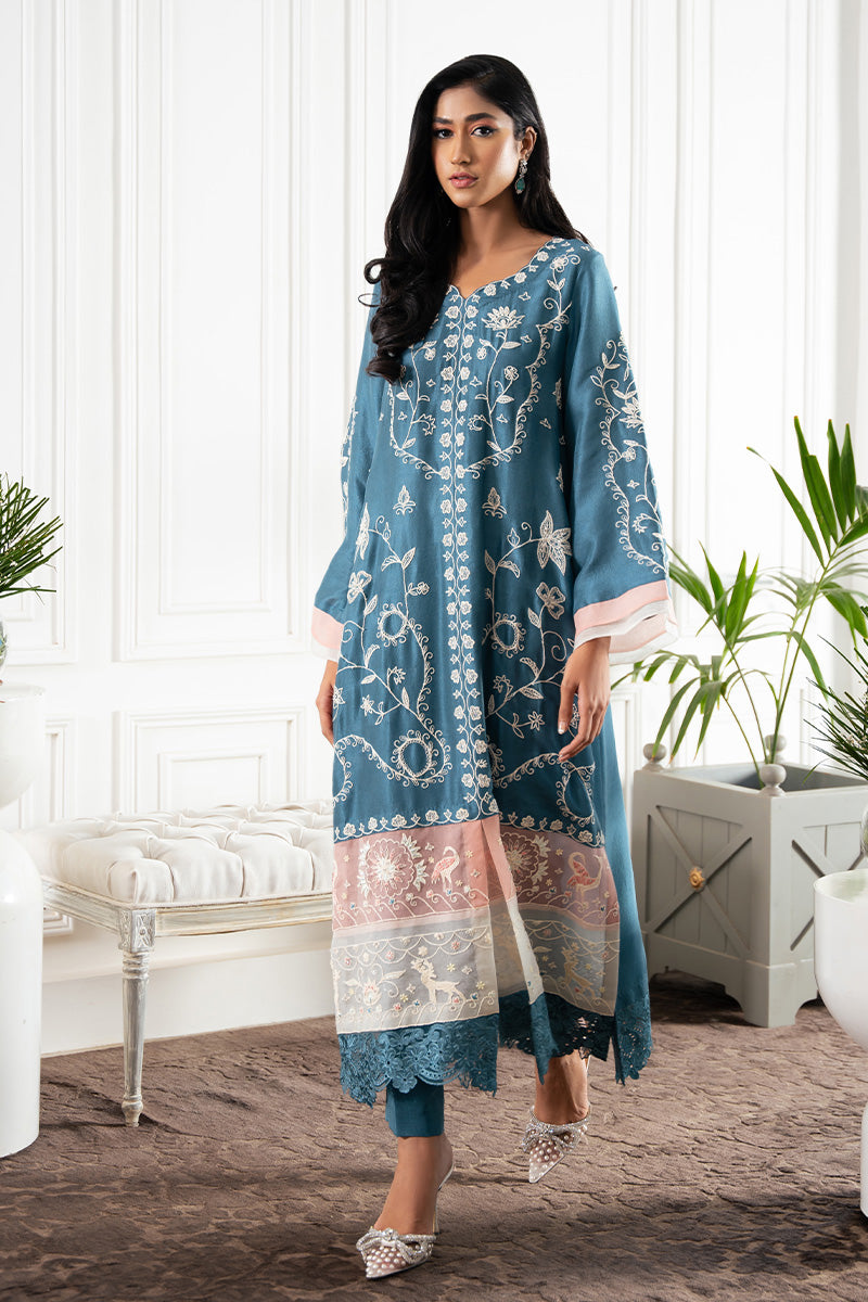Teal Embroidered Pure Rawsilk A-Line Shirt & Pants (2-Piece) - Image 2