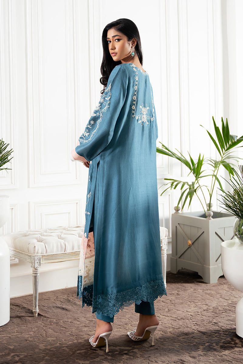 Teal Embroidered Pure Rawsilk A-Line Shirt & Pants (2-Piece) - Image 3