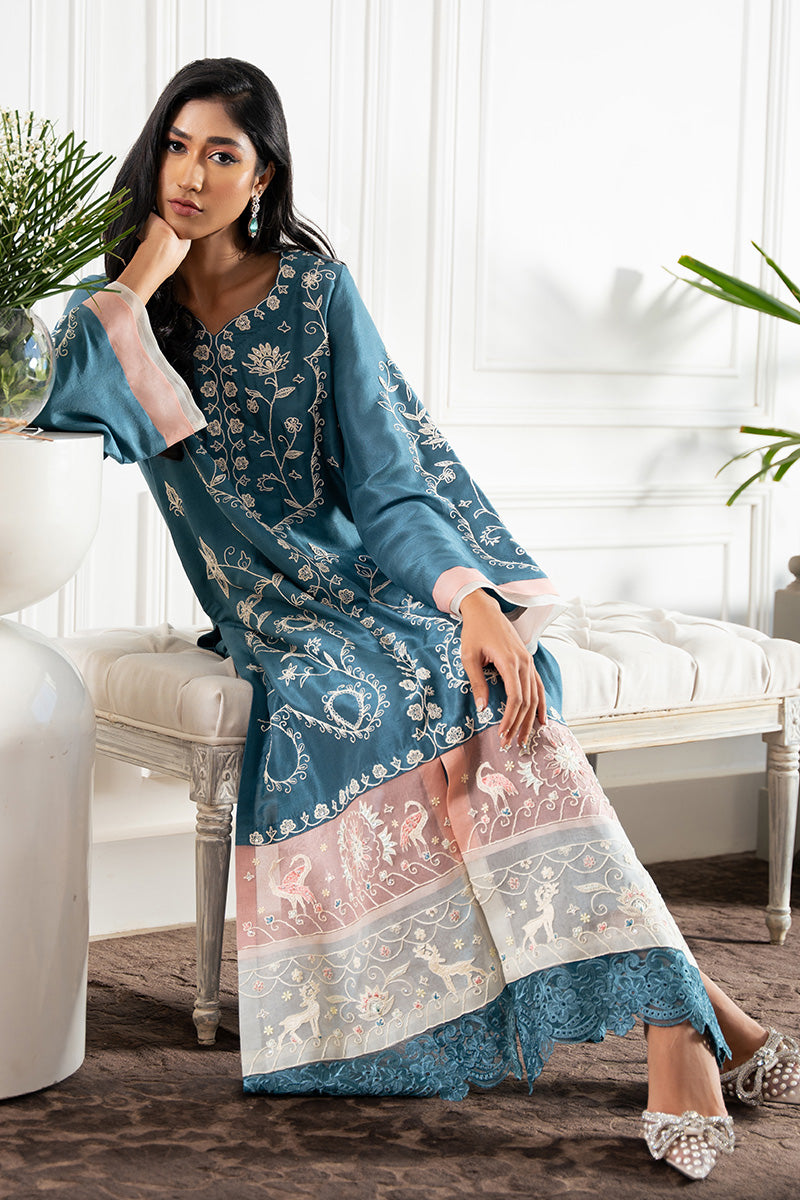 Teal Embroidered Pure Rawsilk A-Line Shirt & Pants (2-Piece) - Image 6