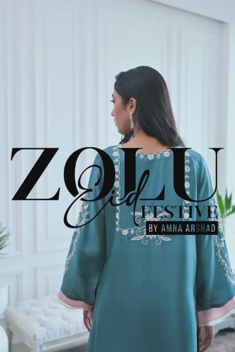 Teal Embroidered Pure Rawsilk A-Line Shirt & Pants (2-Piece) - Image 9