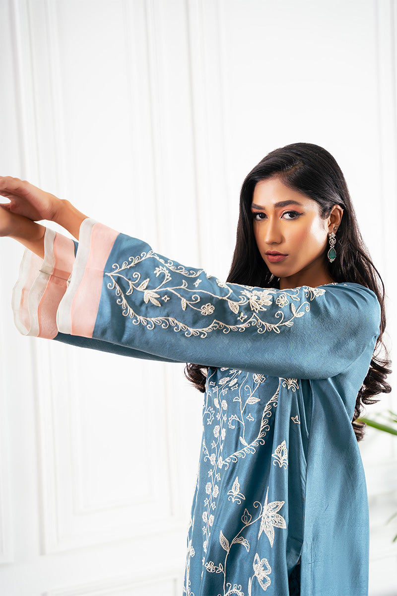 Teal Embroidered Pure Rawsilk Salwar Kameez (2-Piece) - Image 3