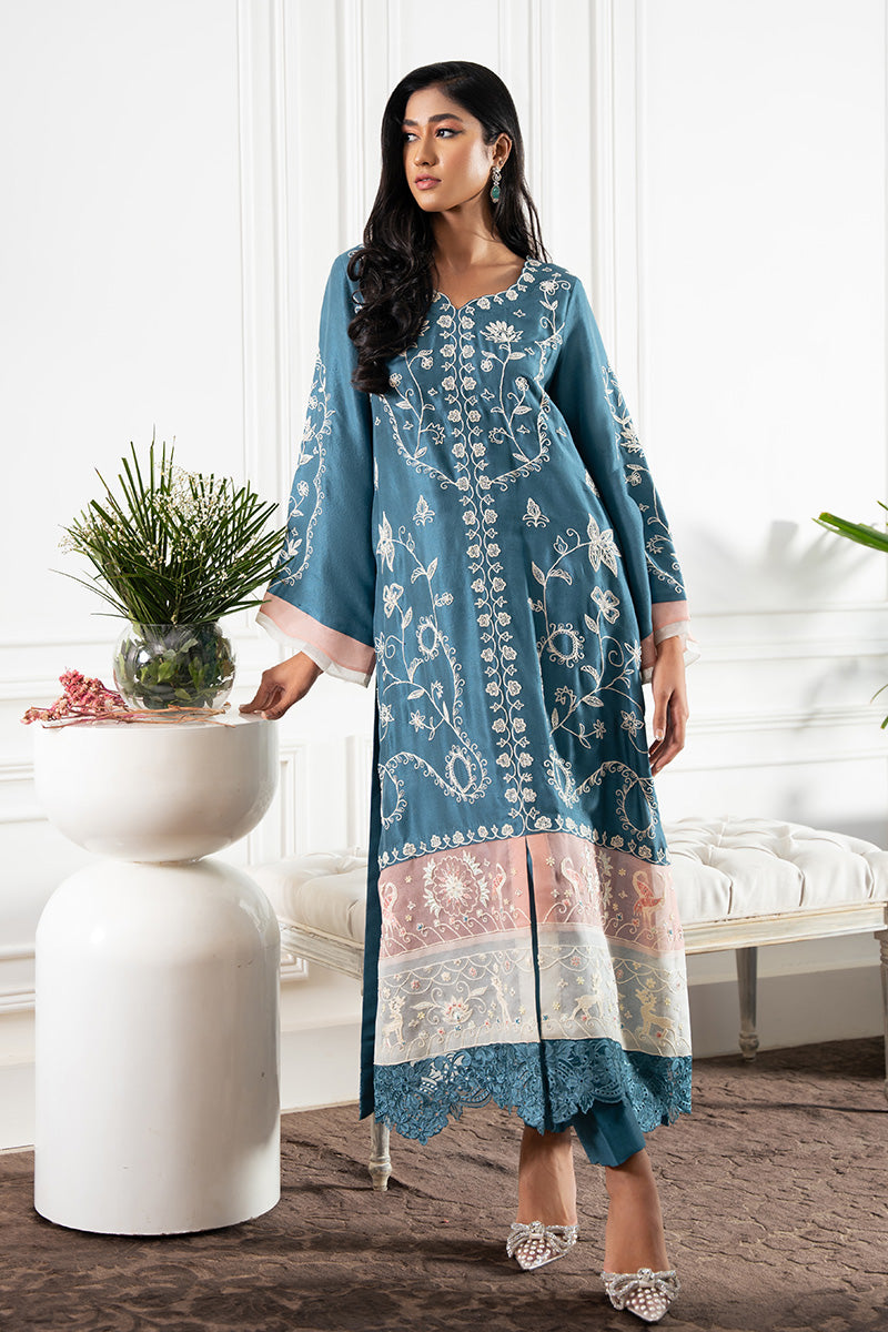 Teal Embroidered Pure Rawsilk Salwar Kameez (2-Piece) - Image 6